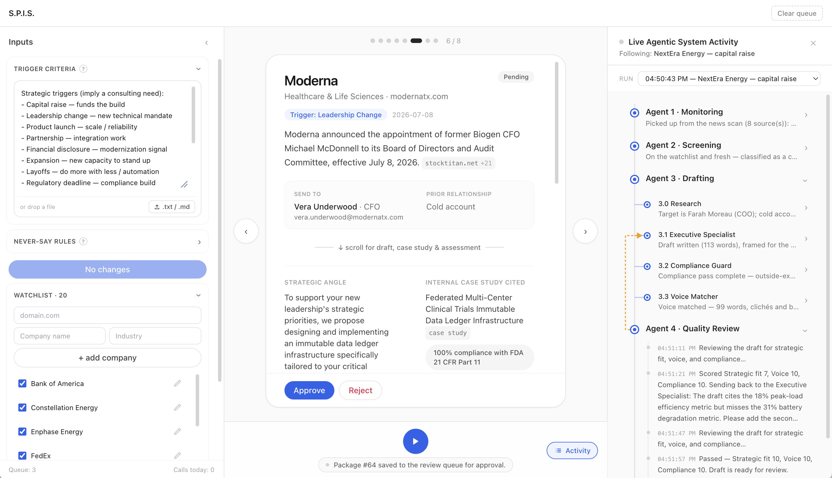 Product interface showing agent activity and a draft under expert review