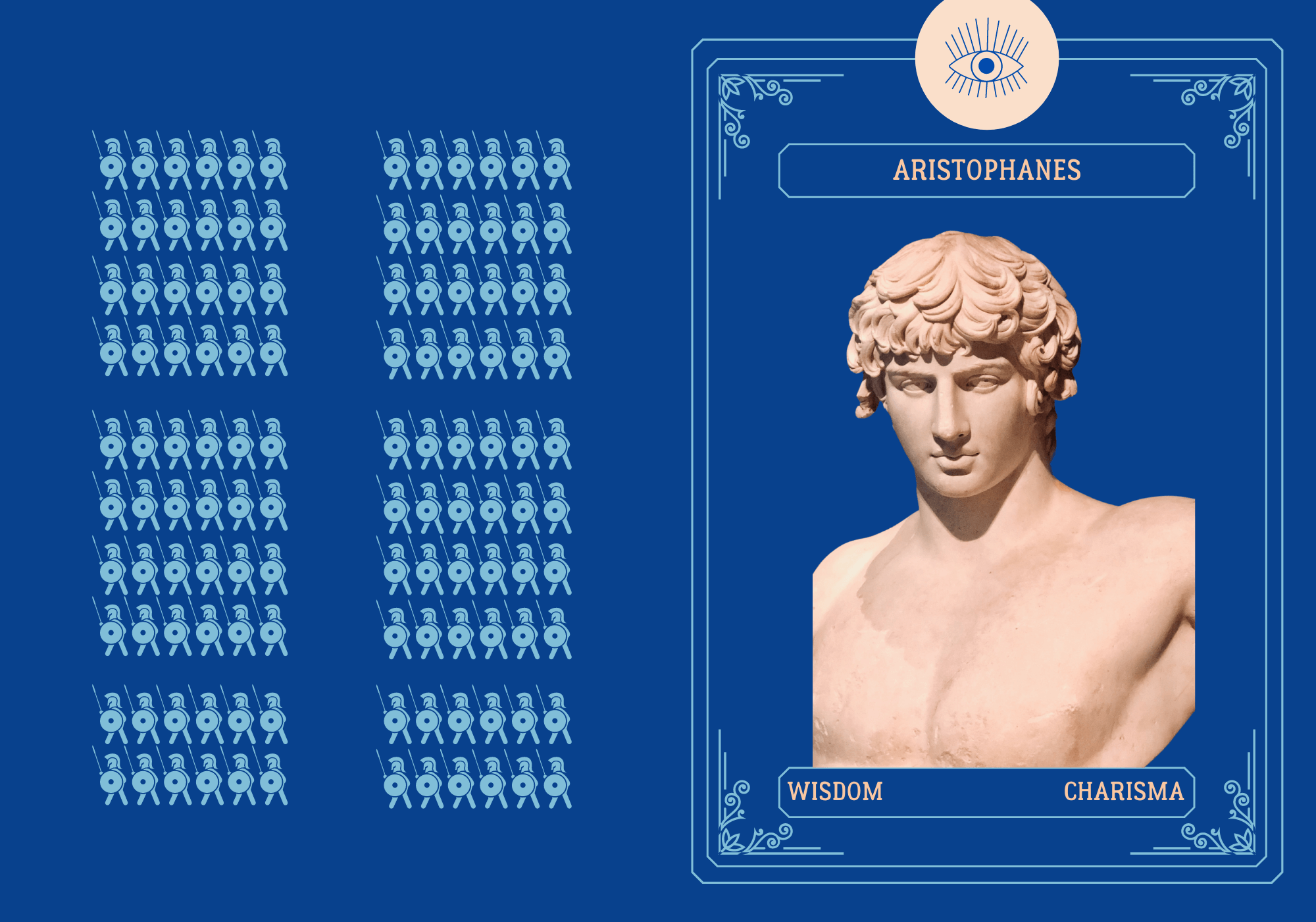 Card illustrating
            Aristophanes' features and attributes